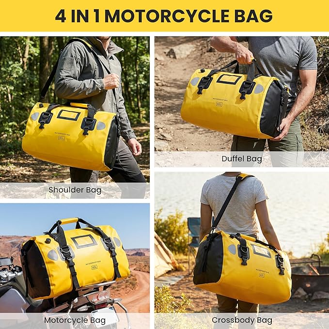HOMIEE 40L Waterproof Duffel Bag Waterproof Motorcycle Dry Trave Bag Tail Bag with Roll Top Closure &amp Shoulder Straps Outer Mesh Zipper Pocket for Camping Kayaking Fishing &amp Traveling