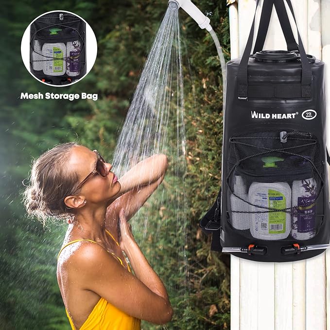 WILD HEART Camping Shower 22L/ 12L Portable Shower for Camping with Pressure Foot Pump and Hose - Solar Shower Bag Backpack for Camping Road Trip &amp Outdoor Use