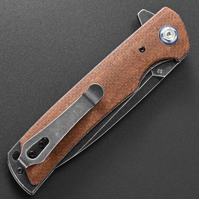 Eafengrow EF973 Folding Knife D2 Steel Blade Micarta Handle Scale Pocket Knife Folder for Working Camping Hiking EDC Tool Knife(brown)