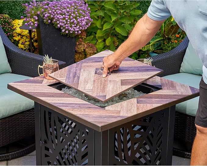 Endless Summer Darby 30 Inch Square Outdoor UV Printed 50000 BTU LP Gas Fire Pit Table with Faux Wood Mantel and Stamped Steel Base