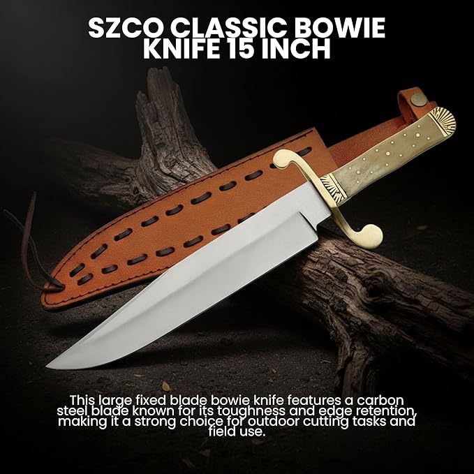 SZCO Classic Bowie Knife 15 Inch - Hunting Knife with Carbon Steel Blade Bone Handle Brass guard and Leather Sheath - Pocket knife for for Hiking Camping &amp Hunting