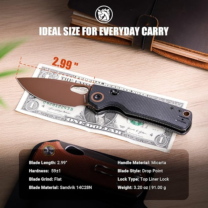 Vosteed Porcupine - EDC Pocket Knife 2.99’’ 14C28N Steel Rose Gold Blade Top Liner Lock Micarta Handle - Lightweight Folding knives with Clip for Men &amp Women Camping Outdoor-A2602