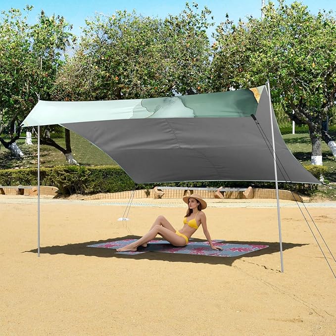 Marble White Green Foldable Beach Cabana UPF50+ Protection Easy Setup Shade Sun Shelter with Sandbags &amp Sand Shovel for Camping Picnics Backyard