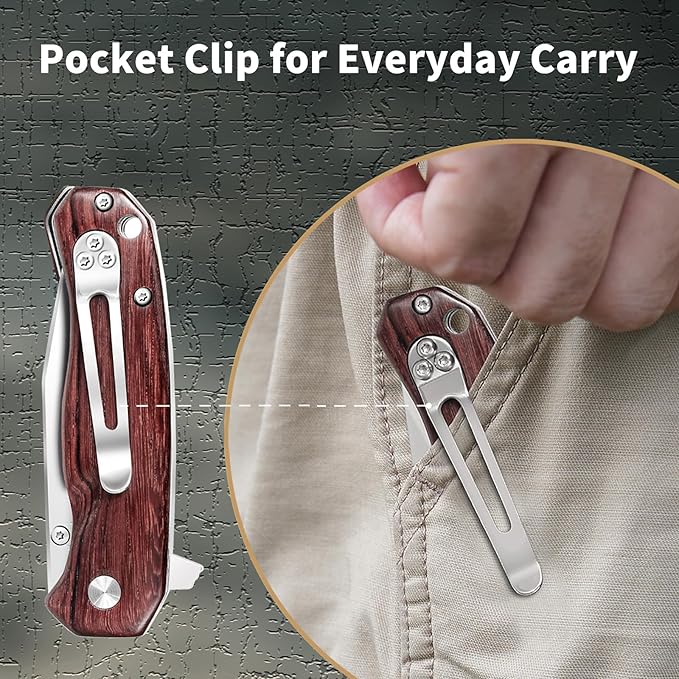 Vickay Pocket Knife for Men Folding Knife for Women with Clip 2.9inch 8Cr13MoV Steel Blade Wood Handle EDC Knife for Camping Tactical Hunting Camping Hiking and Everyday Carry