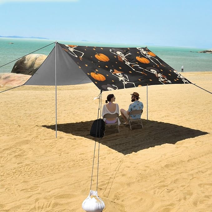 ALAZA Skull Pumpkin Star Pattern Beach Tent Sun Shelter UPF50+ Protection Beach Shade Canopy w/ 4 Sandbags for Outdoor Camping Fishing Backyard Fun Picnic 10x9 ft
