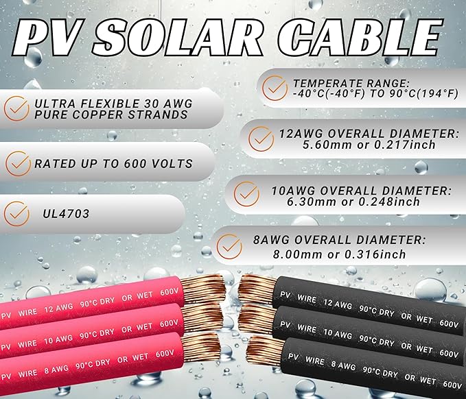WindyNation 10 Gauge 10 AWG Pair 20 Feet Black + 20 Feet Red PV Photovoltaic Solar Panel Extension Cable Wire Solar Connectors