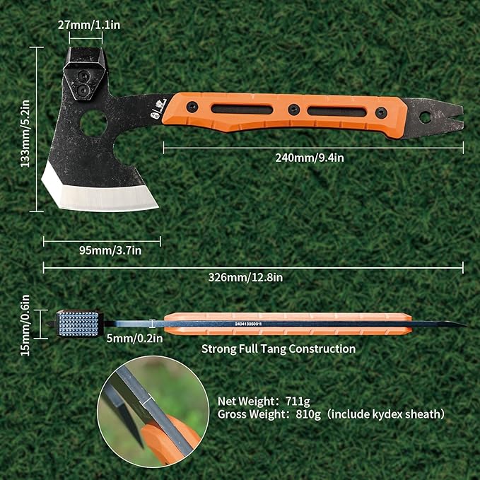 HX OUTDOORS Multifunctional Splitting Axe Full Tang Survival Camping Tactical Wood HatchetCamp Bushcraft Hand Axes with Hammer and Nail Puller (Orange)