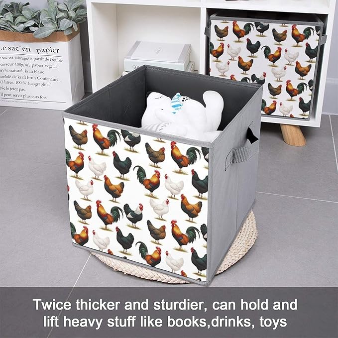 Collapsible Storage Box with Handles Cute Farm Animals Chicken Multi-Purpose Foldable Cube Bin for Pantry Garage Bathroom Quick-Fold Design for Easy Storage