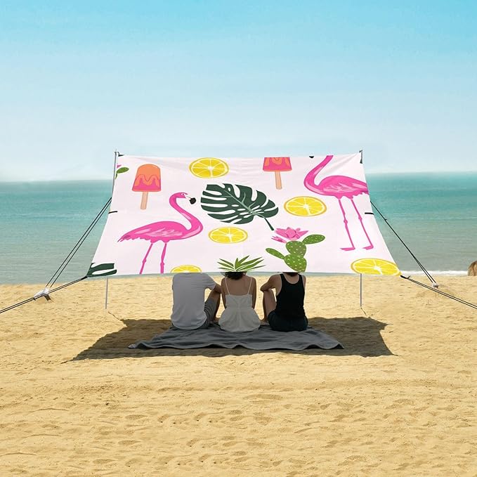 Beach Canopy with Windproof Ropes &amp Sandbags Beach Tent Sun Shade Sun Shelter for Camping Trips Fishing Backyard Fun or Picnics Flamingos