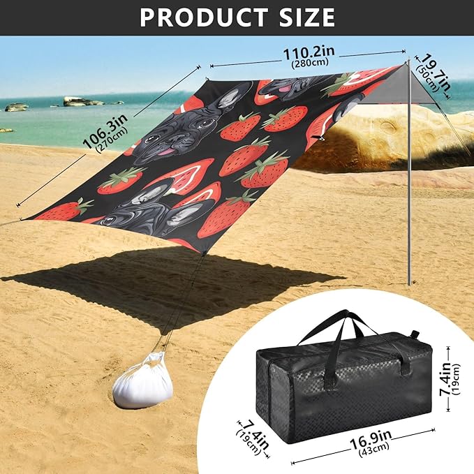 ALAZA Dog French Bulldog Puppy Strawberry Beach Tent Sun Shelter UPF50+ Protection Beach Shade Canopy w/ 4 Sandbags for Outdoor Camping Fishing Backyard Fun Picnic 10x9 ft