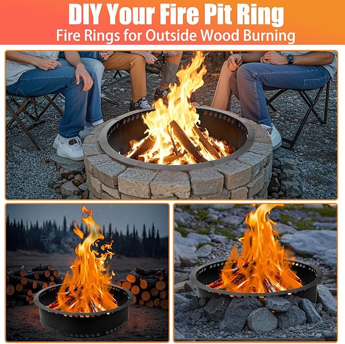 Outdoor Smokeless Fire Pit Ring 31 inch Metal Steel Firepit Ring Insert Round Firepit Ring for Outside Wood Burning DIY Fire Pits Outdoor Fire Place for Camping Garden Patio Backyard