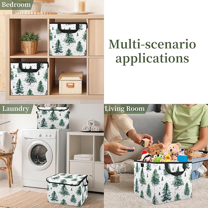 Christmas Tree Storage Basket with Lid Winter Xmas Foldable Storage Box Fabric Storage Bins with Carrying Handles for Home Bedroom Closet Organization