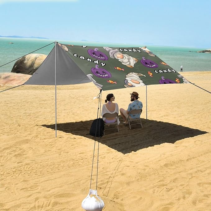 ALAZA Gnome Pumpkin Halloween Beach Tent Sun Shelter UPF50+ Protection Beach Shade Canopy w/ 4 Sandbags for Outdoor Camping Fishing Backyard Fun Picnic 10x9 ft