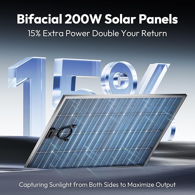 Epoch 400W Bifacial Solar PanelsN-Type 12/24 Volt Monocrystalline Solar Panel High-Efficiency Waterproof Solar Module for RV Camping Boat MarineOff-Grid[200w×2pcs]