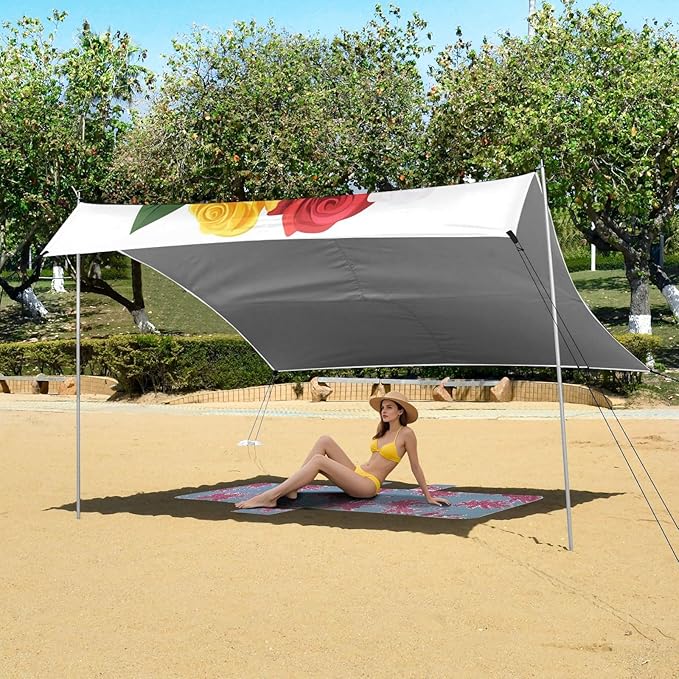 ALAZA Colorful Rose Flower Bouquet Beach Tent Sun Shelter UPF50+ Protection Beach Shade Canopy w/ 4 Sandbags for Outdoor Camping Fishing Backyard Fun Picnic 10x9 ft