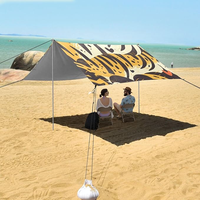 Tigers Skin Print Style Dimgray Beach Cabana Tent UPF50+ Easy Setup Large Sun Shelter with Sandbags Sand Shovel Poles for Family Trips Picnics &amp Camping
