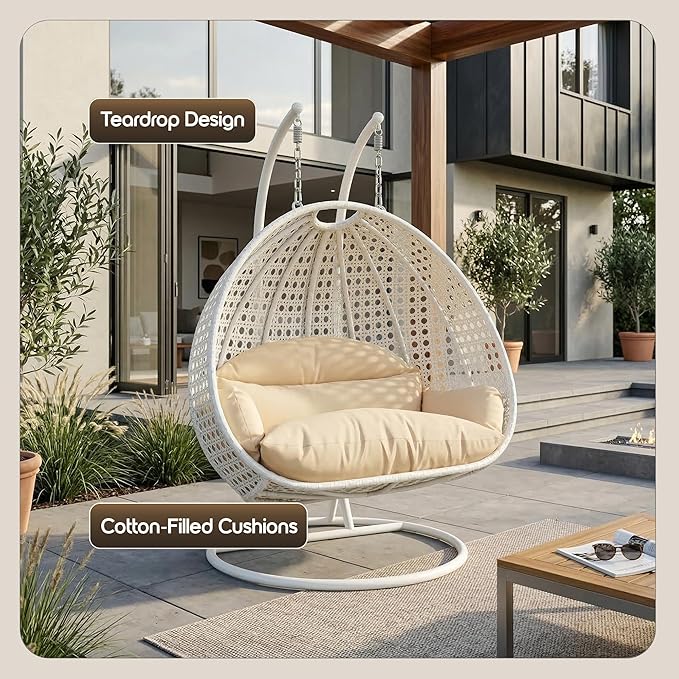LeisureMod 2 Person Wicker Egg Chair Outdoor Indoor Bedroom Patio Hanging Lounge Swing Hammock Chairs with White Stand and UV Resistant Cushions (Cream)