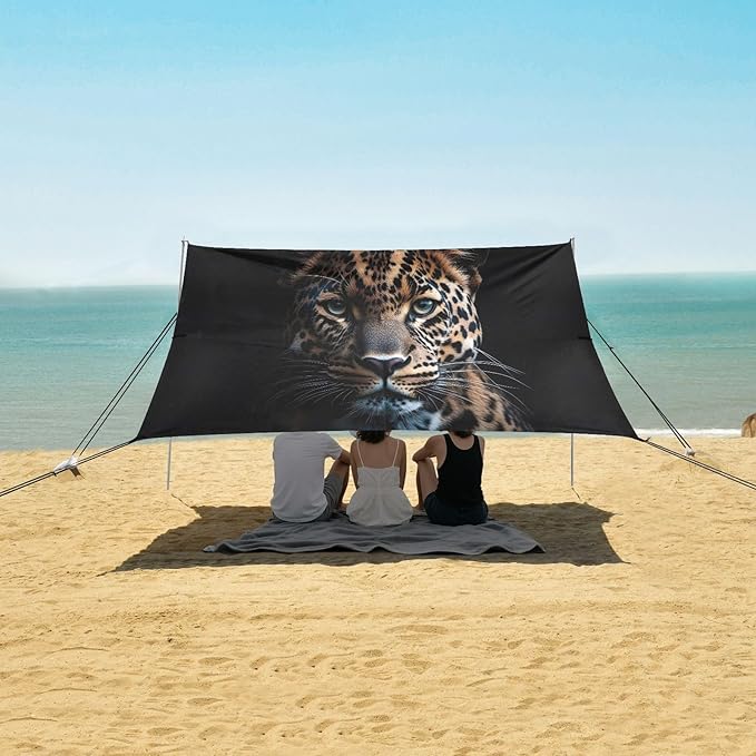 Leopard Portrait Beach Tent Sun Shelter Set UPF50+ UV Protection 10.5 x 9.19 FT Camping Shade Canopy with Sandbags Sand Anchors Carrying Bag and Others