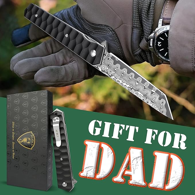 AUBEY Damascus Pocket Knife with Clip Tanto Blade Damascus Steel Folding Knives for Men Tactical Aluminum Handle with Glass Breaker for EDC Camping Gift