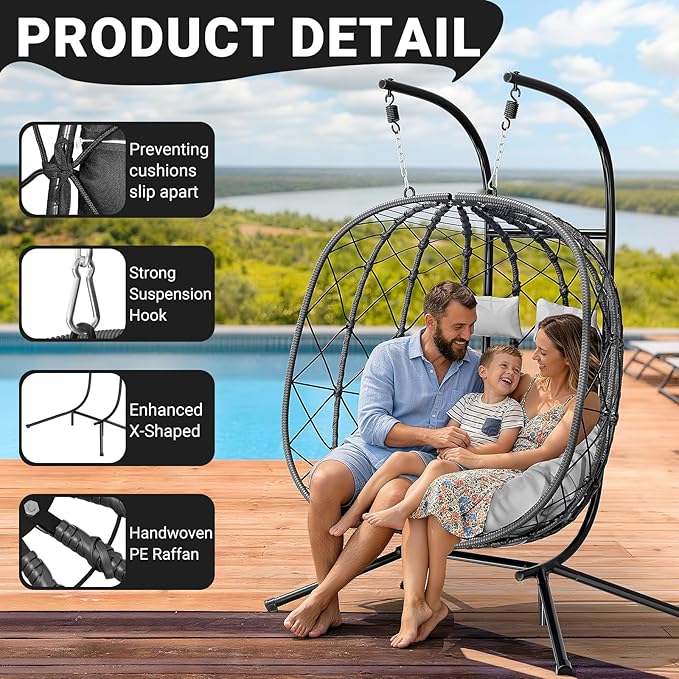 CHABATREE Double Egg Swing Chair with Stand - 2 Person Outdoor Patio Hanging Wicker Hammock Chair with Cushion Dark Grey for Garden Lawn Bedroom Indoor/Outdoor Use