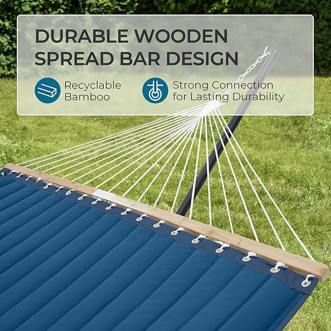 SUPERJARE Hammock with Stand 2 Person Quilted Outdoor Hammock Detachable Pillow &amp Bamboo Spreaders Portable Hammock with Carrying Bag Heavy Duty Stand Perfect for Outside Patio Navy Blue
