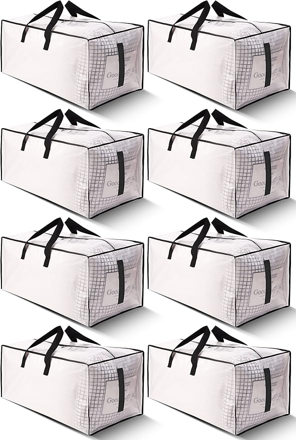 HOMESURE 8 Pack Large Strong Moving Bags with Zippers &amp Carrying Handles - Water-Resistant - Heavy Duty Storage Tote for Space Saving Fold Flat Alternative to Moving Box (Semi-Transparent)