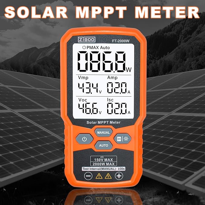ZIBOO FT-2000W Solar Panel Tester MPPT Meter - 2000W Max Power 150V/35A PV Module Tester for Voc/Isc Open Circuit Voltage &amp Short Circuit Current with Backlight &amp Data Hold