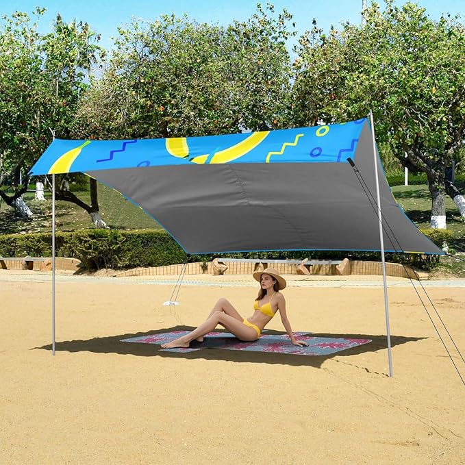 Beach Canopy with Windproof Ropes &amp Sandbags Beach Tent Sun Shade Sun Shelter for Camping Trips Fishing Backyard Fun or Picnics Banana