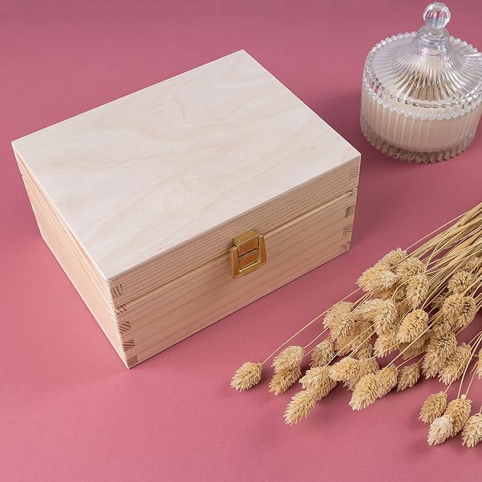 Creative Deco Wooden Storage Box Unpainted Plain | 8.42 x 5.43 x 3.93 in | Keepsake Unfinished Golden Latch &amp Lid | Unfinished Keepsake for the Office or Bedroom | Jewelry Box