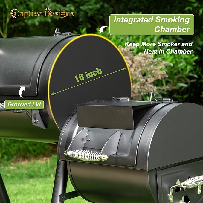 Captiva Designs Heavy Duty Outdoor SmokerExtra Large Cooking Area(941 sq.in. in Total) Offset Smoker Best Charcoal Smoker and Grill Combo for Outdoor Garden Patio and Backyard Cooking