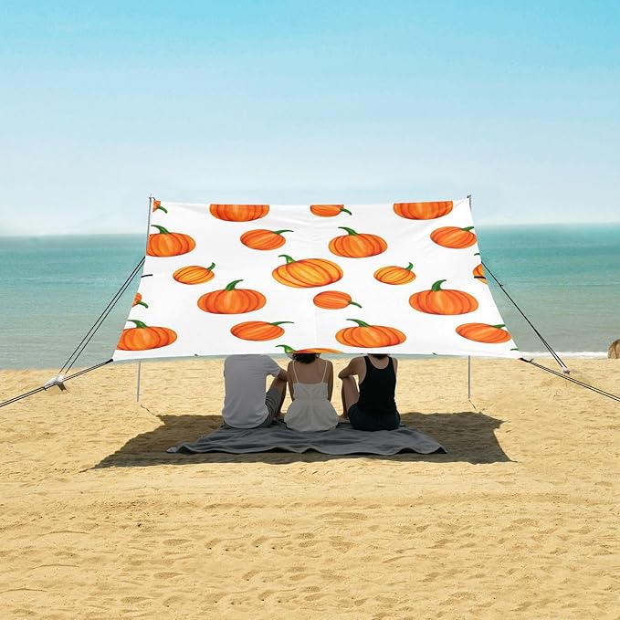 Beach Canopy with Windproof Ropes &amp Sandbags Beach Tent Sun Shade Sun Shelter for Camping Trips Fishing Backyard Fun or Picnics Pumpkins