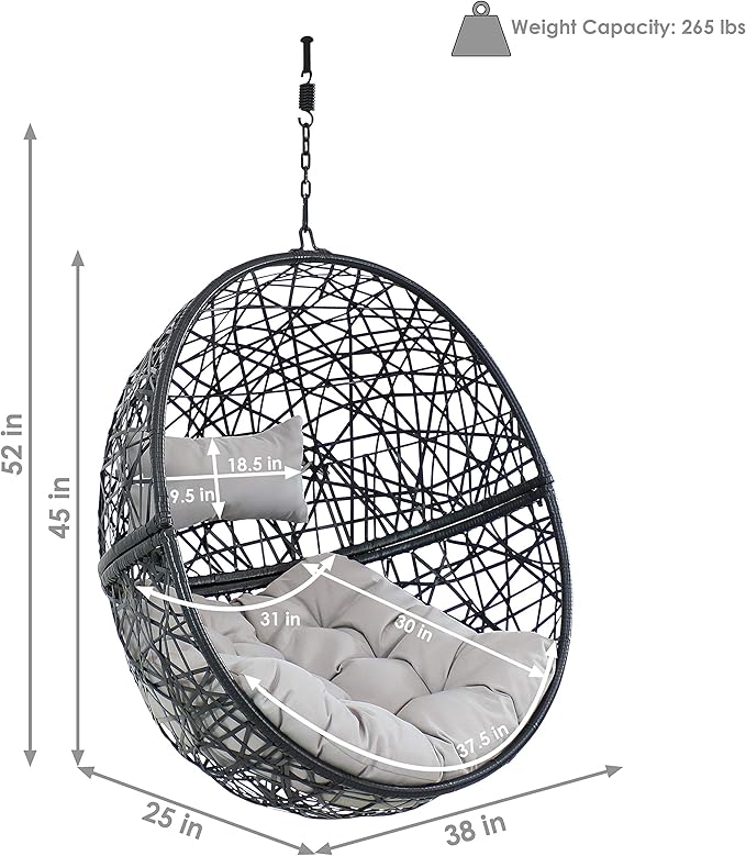 Sunnydaze Jackson Resin Wicker Hanging Egg Chair - 265-Pound Weight Capacity - Removable Gray Polyester Cushions