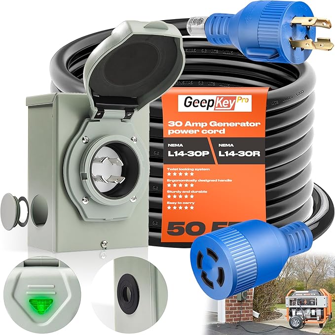 30 Amp Generator Cord and Power Inlet Box [Pre-Drilled] 50FT Generator Cords 30 Amp125/250 Volt 7500 Watts Generator Power Cord NEMA L14-30P PB30 Twist Lock Connector