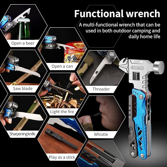 18-in-1 Multitool Hammer with Adjustable Wrench Stainless Steel Multi Tool Pliers All-in-One Survival Camping Tool Gift with Pocket Knife Hammer Saw Screwdrivers Bottle Opener Carrying Pouch