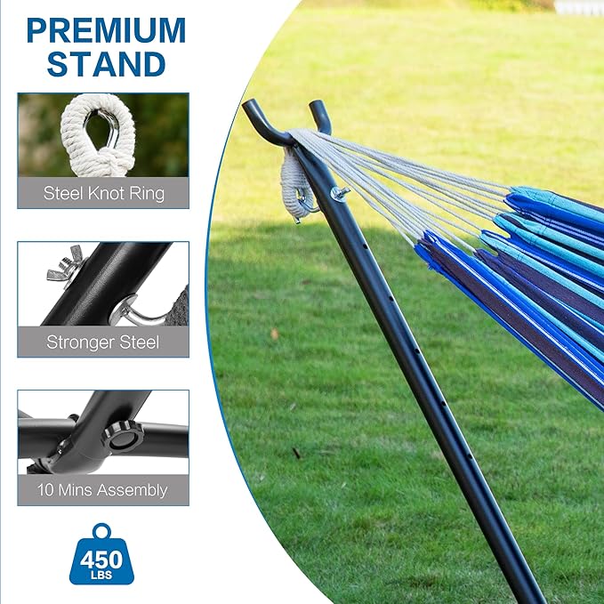 PNAEUT Double Hammocks with Stand for Outside Portable Space Saving Heavy-Duty Steel Stand for Indoor Outdoor Patio with Carrying Bag 450 lbs Capacity (Blue Lagoon)