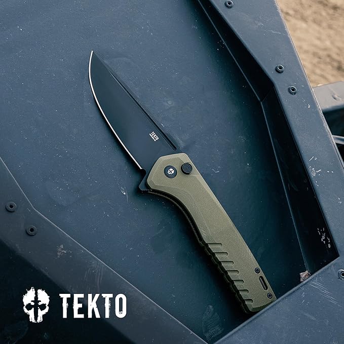 TEKTO F3 Charlie Button Lock Folding Knife Oversized Fine Edge Blade - Easy Open Pocket Knife with Titanium Coated D2 Steel &amp Black Titanium Barrel Spacers
