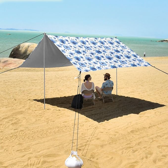 ALAZA Blue Anemone Flower Beach Tent Sun Shelter UPF50+ Protection Beach Shade Canopy w/ 4 Sandbags for Outdoor Camping Fishing Backyard Fun Picnic 10x9 ft