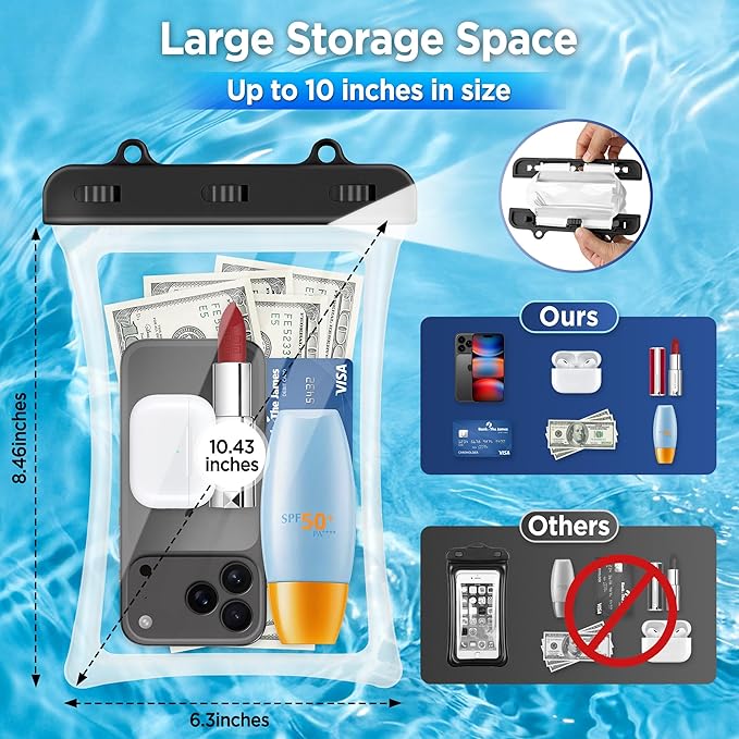 CACOE [Floatable Floating Universal IPX8 Waterproof Phone case 2 Pack-Up to 10.0Adjustable Lanyard Phone PouchDry Bags for Vacation Beach Pool Kayak Cruise Travel Essentials（Black+Black-#2）