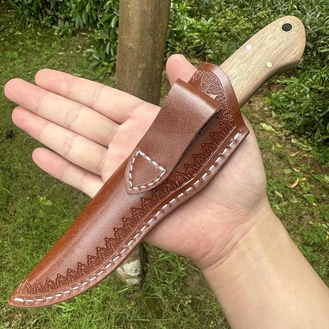 3.74 inches Bowie Knife Full-tang D2 Steel Fixed Blade Walnut Handle Hunting Knife with Leather for Camping Hiking Survival
