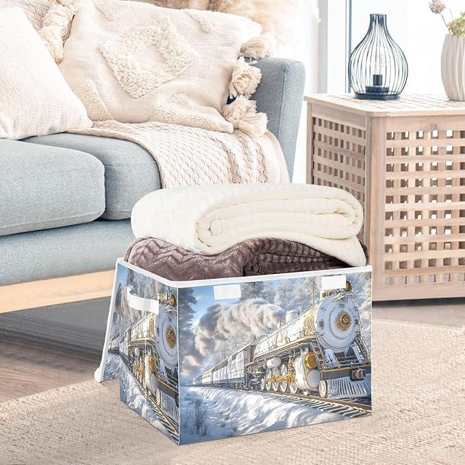 Storage Cube with Lid Luxurious Train Print 16.5×12.6×11.8 IN Collapsible Large Capacity Foldable Storage Basket Bin Organizer