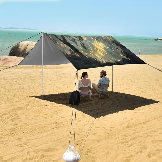 Night Sky Tree Beach Tent Sun Shelter Set UPF50+ UV Protection 10.5 x 9.19 FT Camping Shade Canopy with Sandbags Sand Anchors Carrying Bag and Others