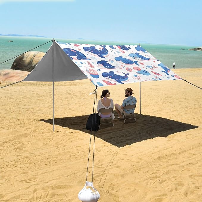 Sea Animals and Ocean Creatures Beach Cabana Tent UPF50+ Protection Water-Resistant Portable Sun Shelter Includes Sand Shovel Sandbags Stability Poles for Camping Fishing Backyard Fun