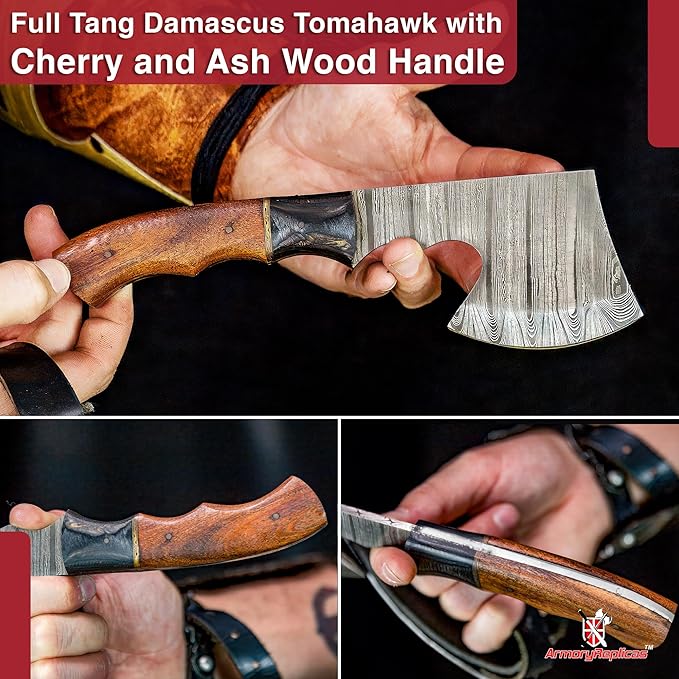 Armory Replicas™ Velocity in Target Throwing Axe - Full Tang Tomahawk with Damascus Steel Blade Cherry &amp Ash Wood Handle 9.5 Inches Overall Length Includes Genuine Leather Sheath