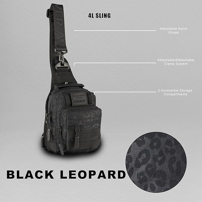 WOLFpak 4L Mini Tactical Sling Bag (Black Leopard) Compact Crossbody Backpack for Gym Travel &amp EDC | Tactical Shoulder Bag with Multiple Pockets – Lightweight Durable Sling Pack for Men &amp Wo