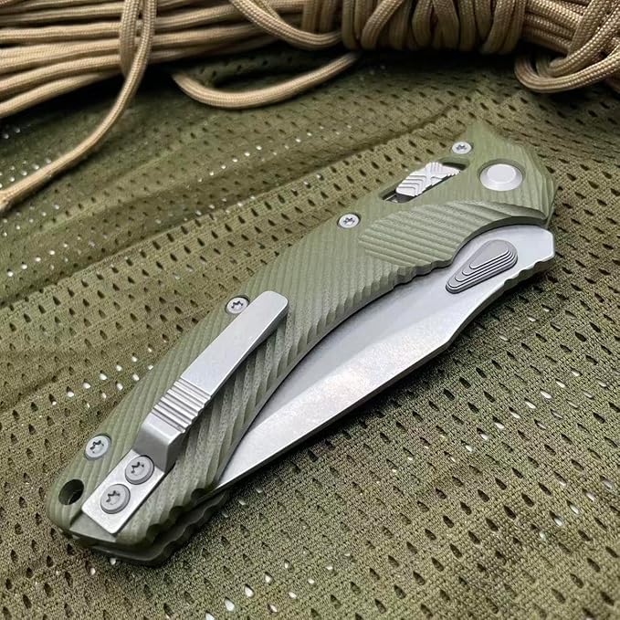 Outdoor Folding Pocket Knife with 3.9 M390 Stonewashed Blade OD-Green G10 Handle Crossbar-Lock Mechanism for Camping Hiking Survival EDC
