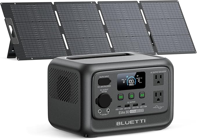 BLUETTI Elite 30 V2 Solar Generator with 200W Solar Panel (Ships Separately) 288Wh Portable Power Station 600W AC Outlets (1500W Power Lifting) LFP Battery Backup for Camping Home Emergency