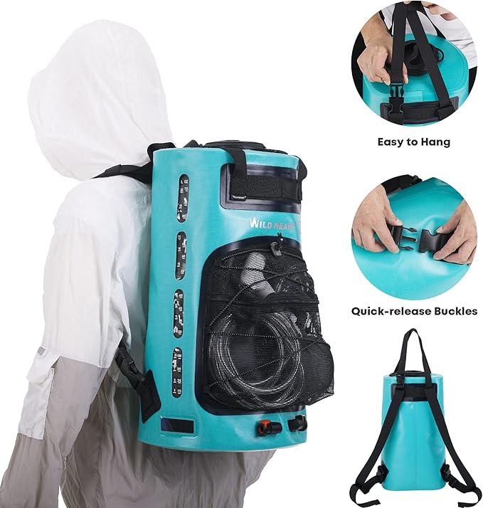 WILD HEART Camping Shower 5.8 Gallons/22L Portable Camp Shower Bag with Upgraded Screw Lid Water Level Window Pressure Foot Pump and Handy Nozzle Solar Shower for Beach Camping Hiking Trip