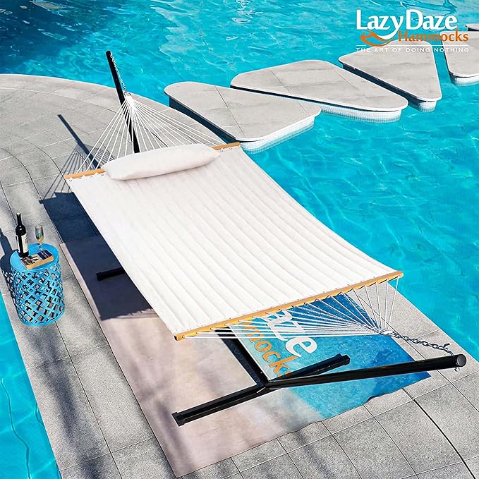 Lazy Daze Hammocks 12 FT Sunbrella Fabric Quilted Hammock Double Sunbrella Quilted Hammock with Spreader Bars &amp Pillow All Weather and Fade Resistant for Outdoor 450 lbs Capacity Cast Pumice