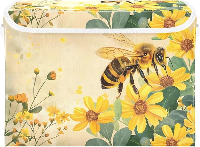 MNSRUU Containers Baskets with Lids Honey Bee Foldable Storage Bins Organizer with Lid Collapsible Storage Boxes for Home Bedroom Closet Office