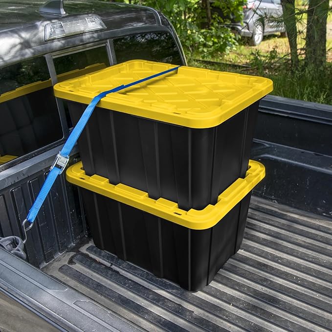 27 Gallon Plastic Storage Container with Snap-On Lid Heavy-Duty Industrial Tote Black and Yellow 28.5x19.6x15.5 Inches 6 Pack (6 Black/Yellow)